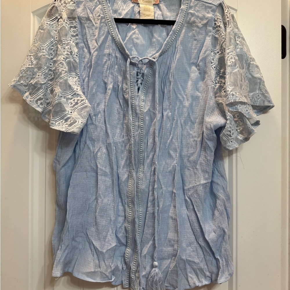 Flying Tomato Light Blue Lace Sleeve Blouse